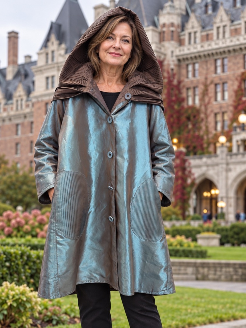 London Towne Reversible Turquoise Bronze Hooded Coat S